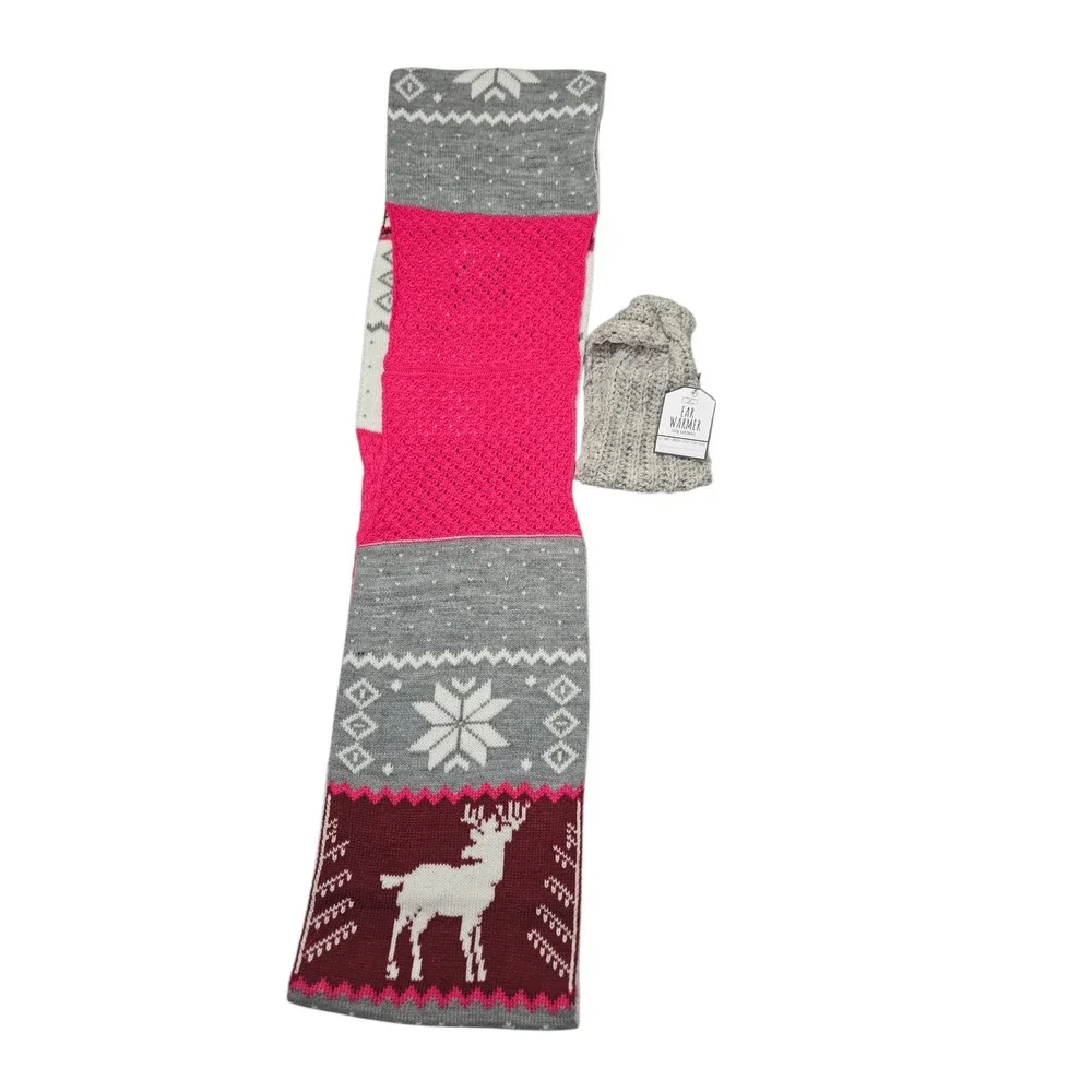 Unbranded Fair Isle Reindeer Scarf & Handmade Ear Warmer Set Pink Grey OS